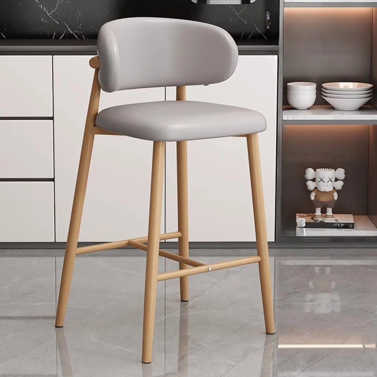 Modern Off-White Leather Curved Back Counter Bar Stools
