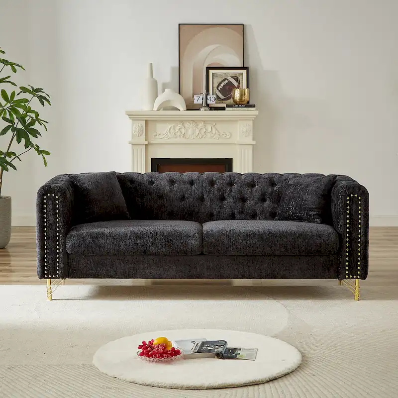 Chenille Tufted Upholstered 3-seater Sofa with Metal Legs