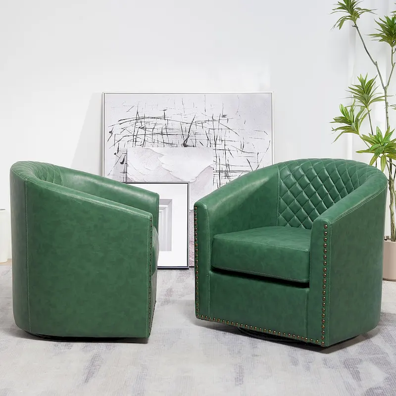 KINWELL 29 Wide Tufted PU Leather Swivel Barrel Chair (Set of 2)