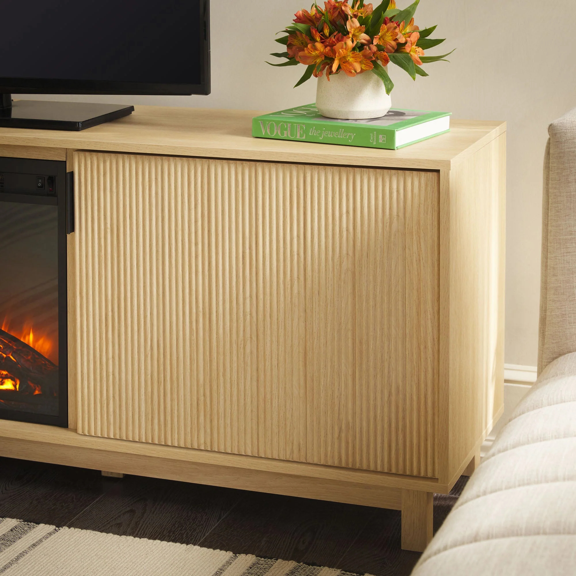 Reema Scandinavian 70 Modern Reeded TV Stand with Freestanding Electric Fireplace