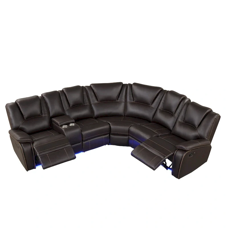 Modern Faux Leather Manual Reclining with Center Console with LED Light Strip,Living Room Furniture Set,PU Symmetrical Couch