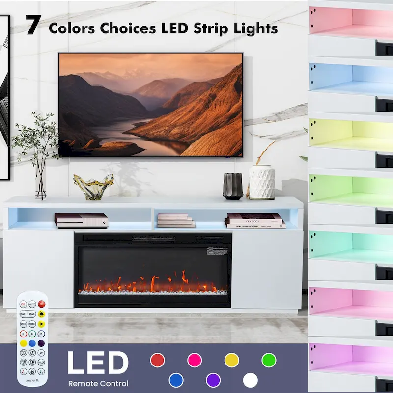 68 Modern RGB LED White TV Stands Console with 36 Fireplace