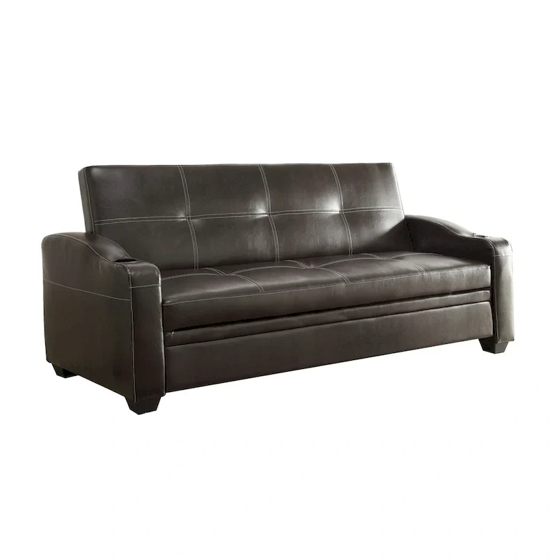 Ferry 83 Inch Lounger Sofa Bed, Tufted Brown Faux Leather, Solid Wood