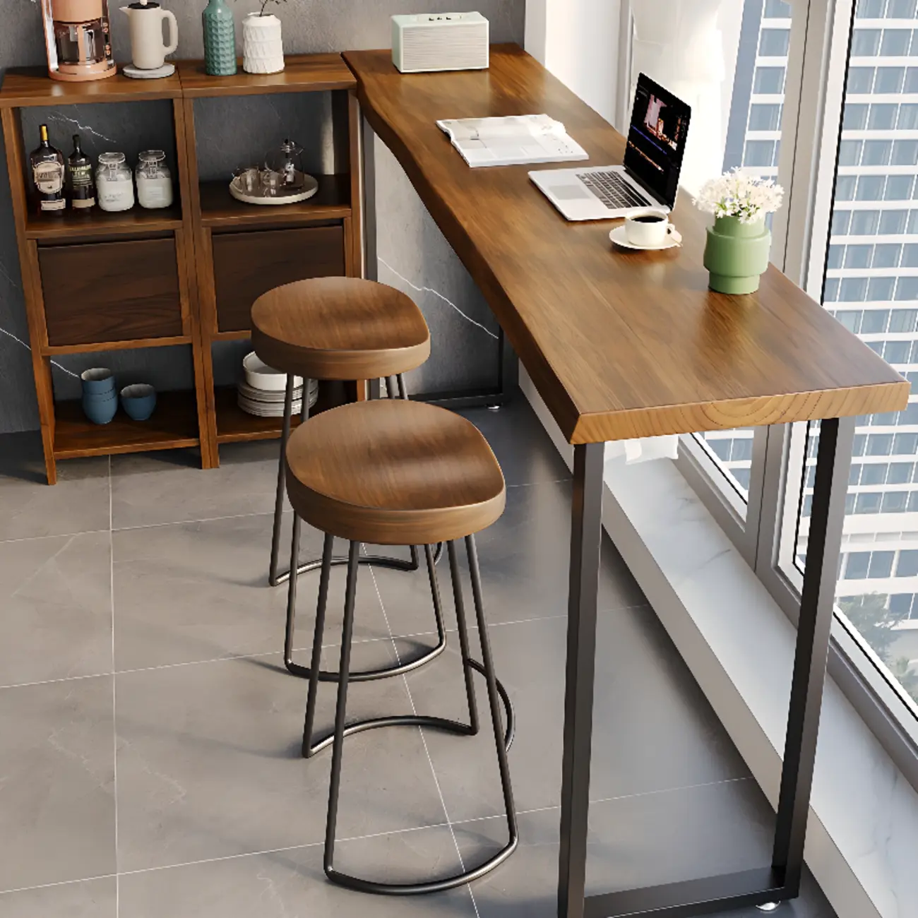 Rectangle Wooden Bar Height Table Metal Sled Base