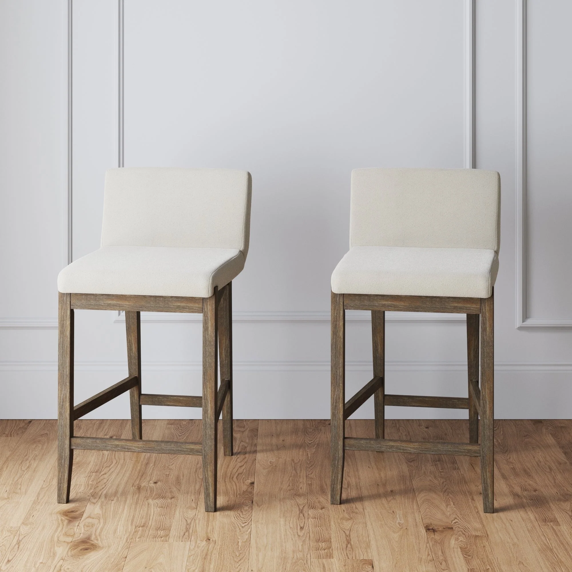 Gracie Modern Bar Stool, Boucle Upholstered Chair and Brushed Wooden Legs
