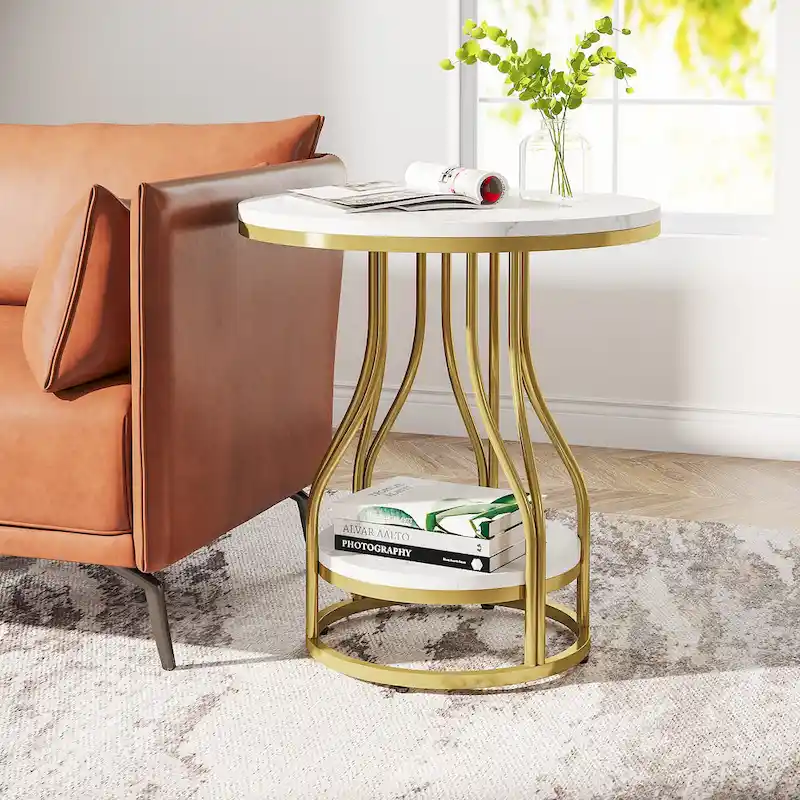 Round Side Table White Gold End Table 2-Tier End Table Modern Bedside Table Small Side Table with Storage for Living Room