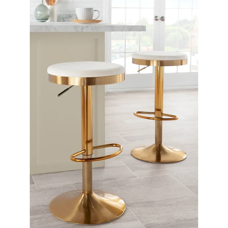 Gold Steel Barstool with Upholstered Seat - Set of 2 - Adjustable Height 23-31.75H