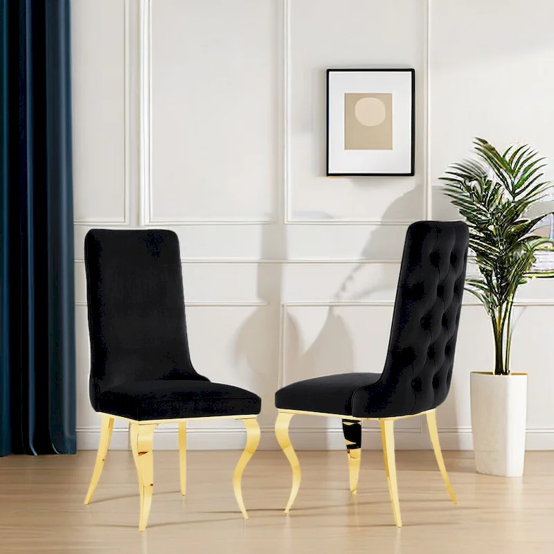 Black Tufted Dining Chairs with Soft Velvet Upholstered and Polished Gold Legs