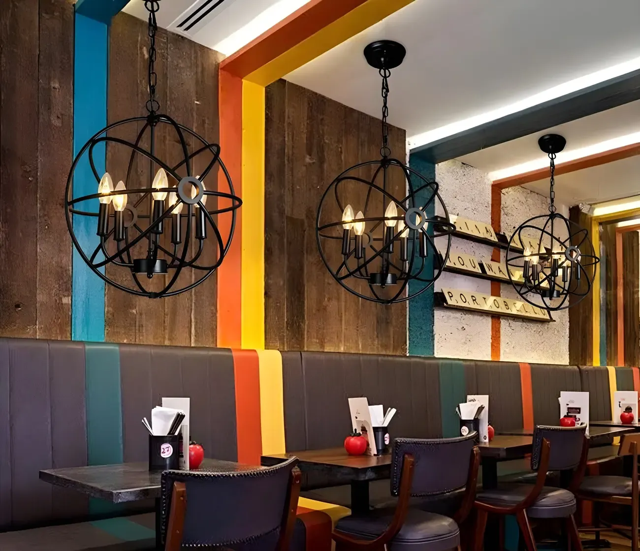 Industrial Black Metal Globe Caged Candelabra Chandelier