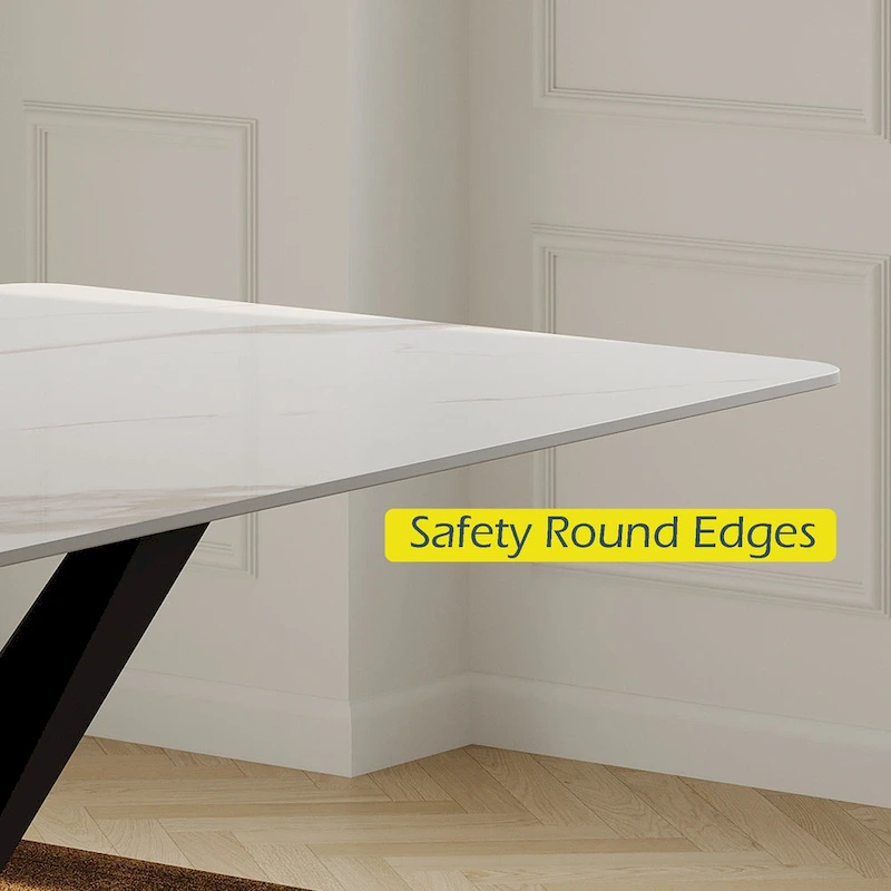 Modern Rectangular Dining table with Glossy Sintered Stone Table top, White Kitchen Table