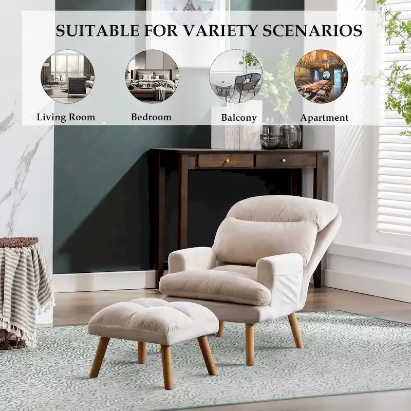 Velvet Fabric Armchair with Ottoman with Adjustable Backrest and Side Pockets