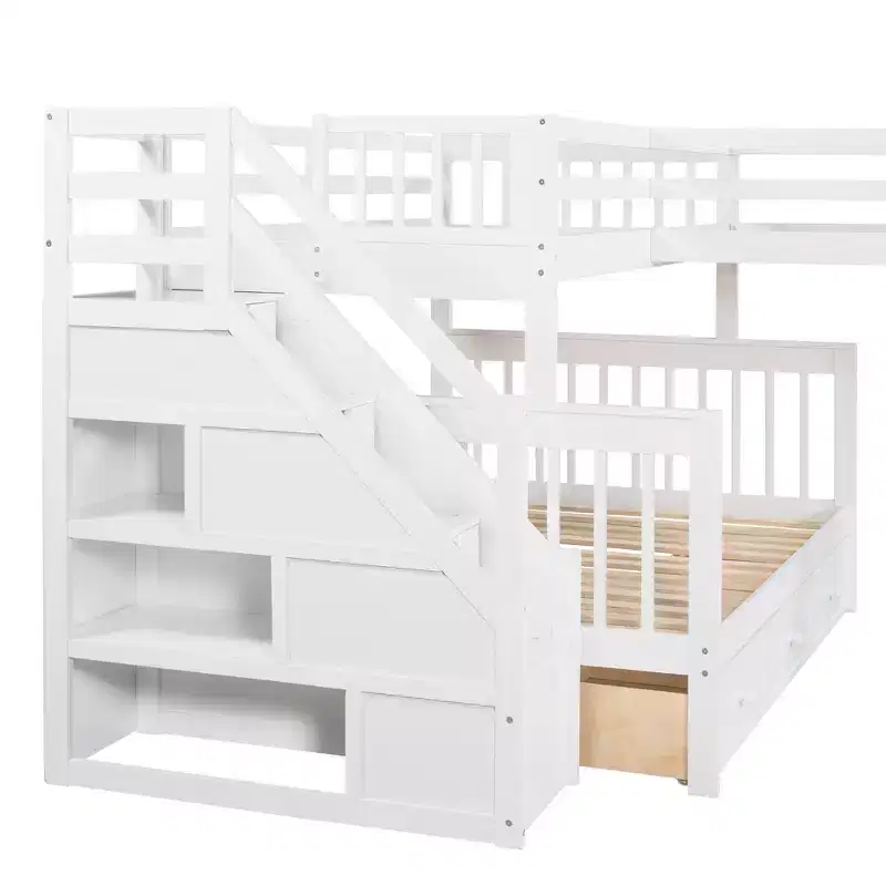 Stylish Design Twin over Full L-Shaped Bunk Bed With 3 Drawers, Ladder and Staircase