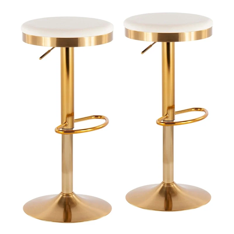 Gold Steel Barstool with Upholstered Seat - Set of 2 - Adjustable Height 23-31.75H