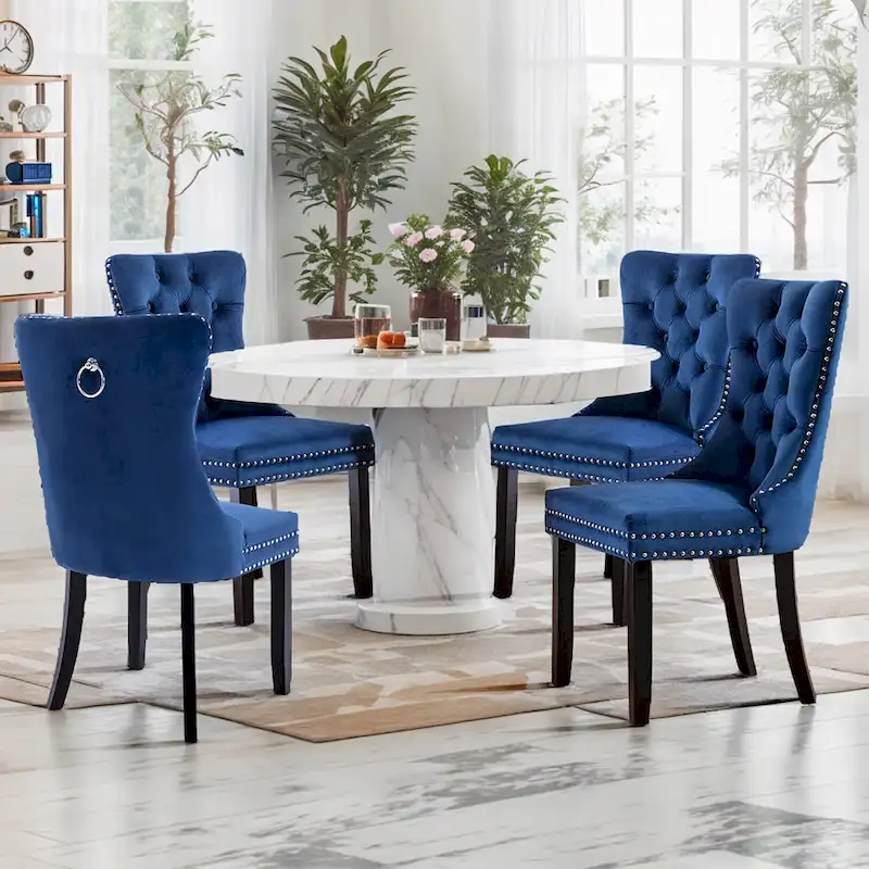 Set of 2 Velvet Dining Chairs,Tufted Solid Wood Armless Chairs Accent Chair with Nailhead Trim and Back Ring Pull