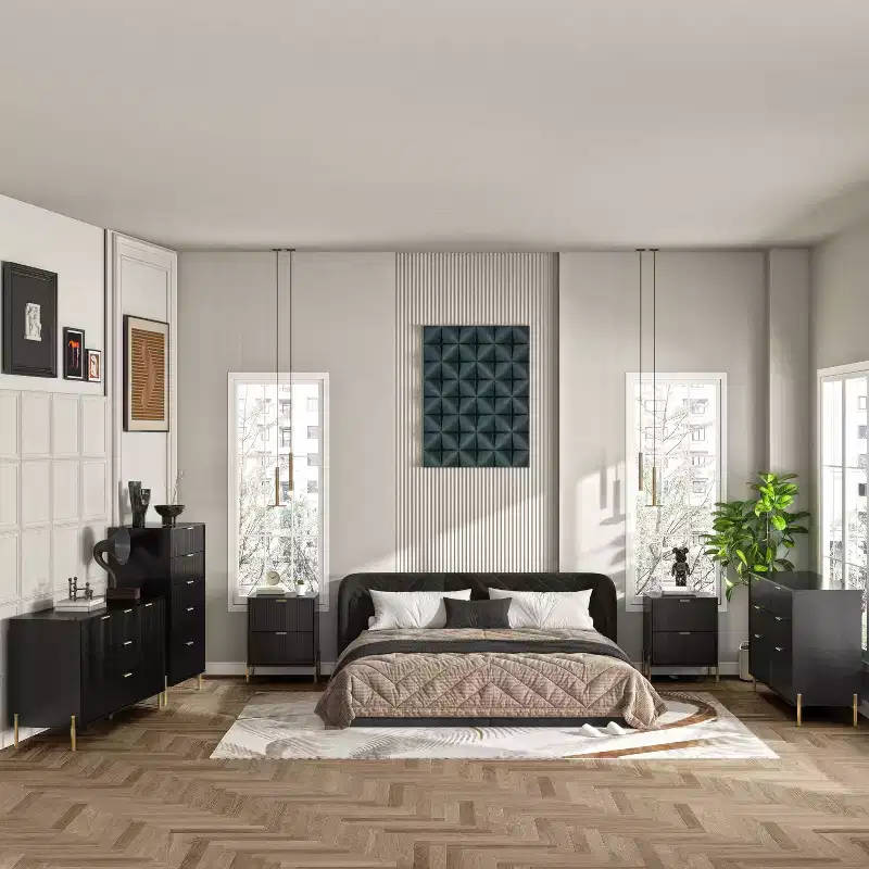 Festivo 5pc Modern Elegance Bedremm Chest and 2 Dressers and 2 Drawer Nightstands Set Black