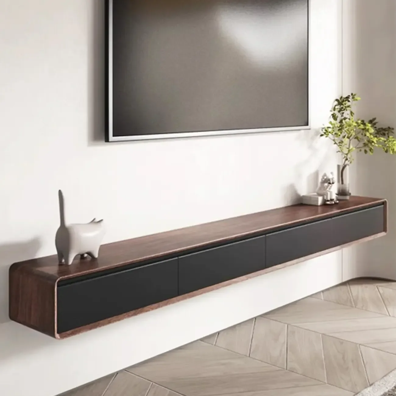 Walnut-Black Wood Drawers Floating Mount TV Stand Wall-Mounted