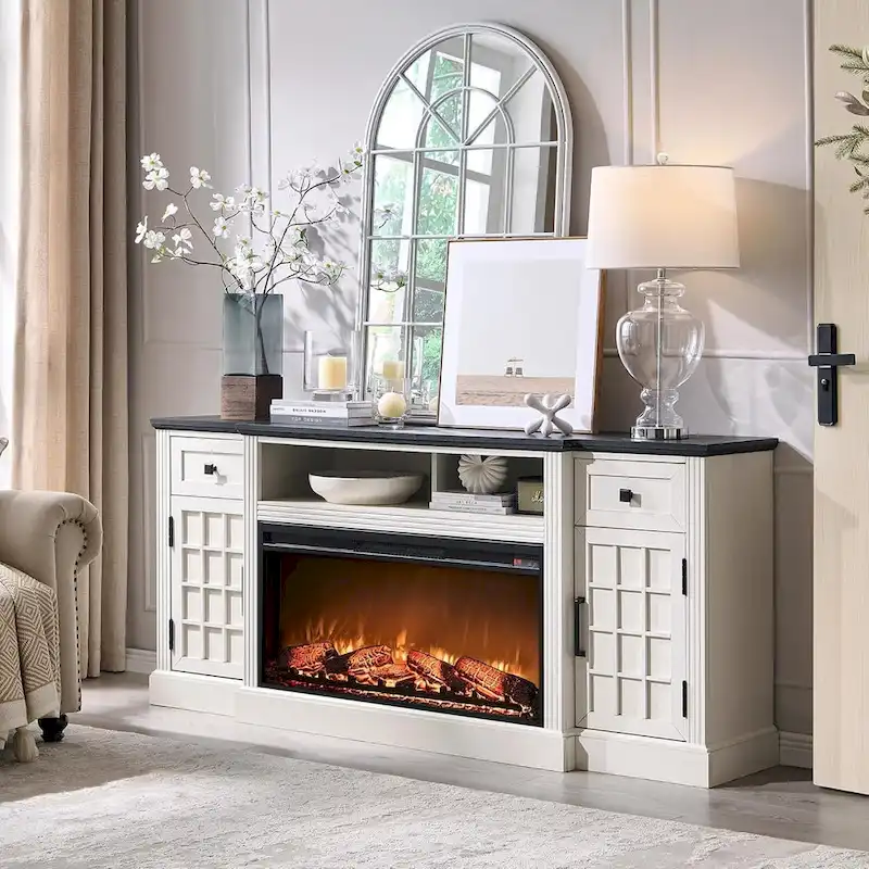 Black/Brown/White Farmhouse Electric Fireplace TV Stand, Fits 80