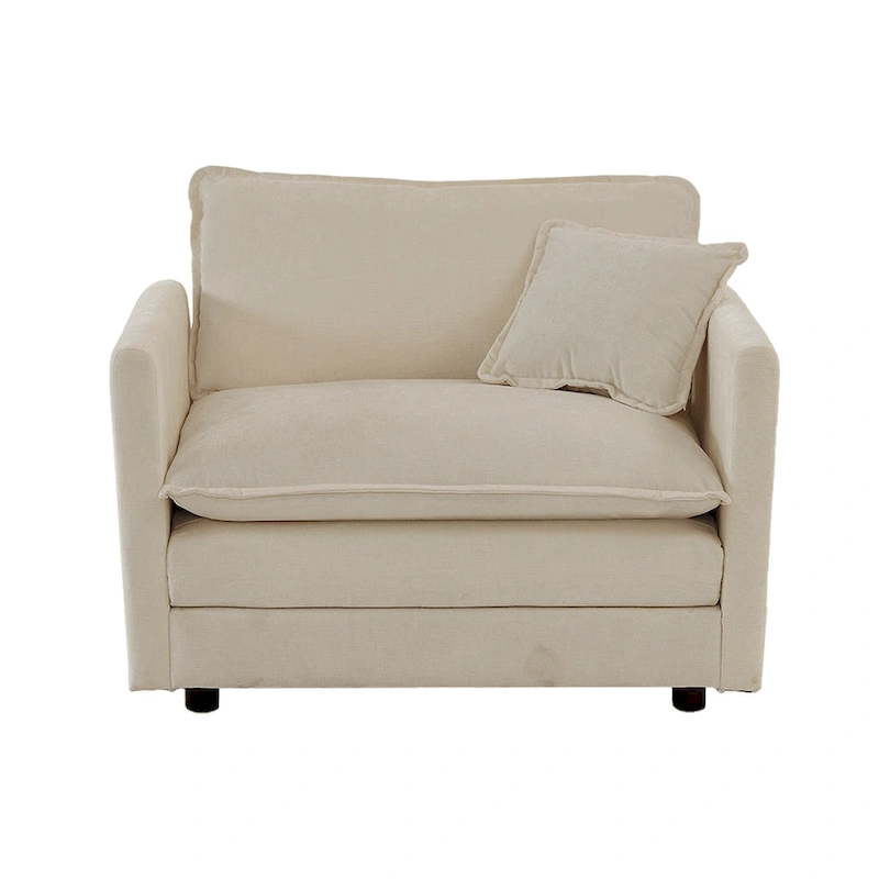 Beige Chenille Single Sofa with Ottoman and Double Cushion Seat