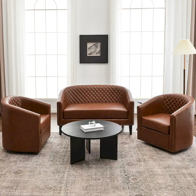 KINWELL 50W Tufted Faux Leather Upholstered Small Loveseat Sofa