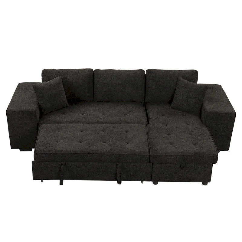 Roomfitters 3-Seater Modern L-Shape Reversible Sectional Couch, Pull-Out Sleeper Sofa with Storage Chaise and Two Stools