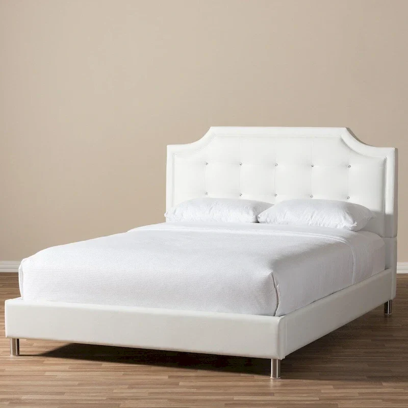 French River White Modern Bed with Upholstered Headboard