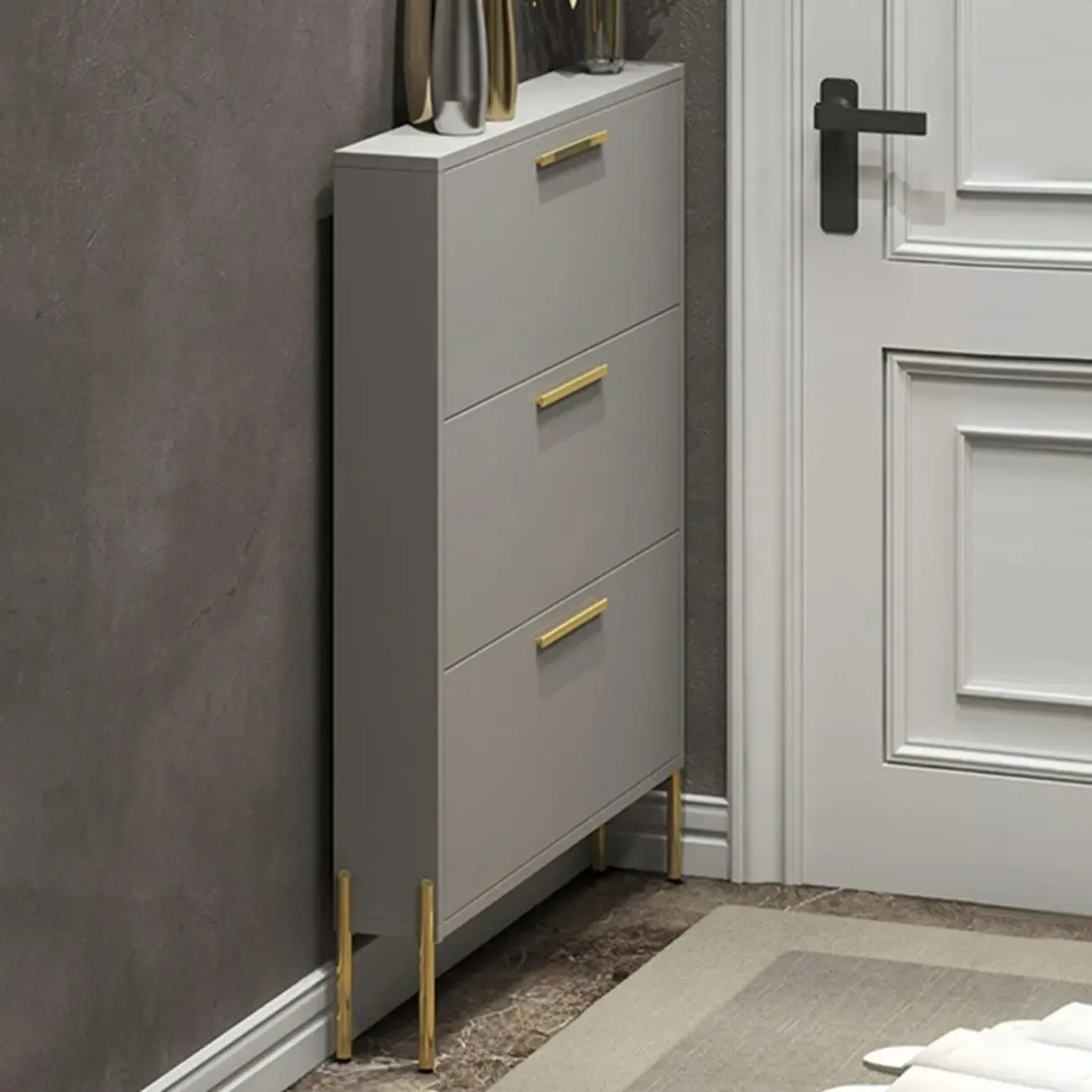 3-Tier Narrow Dark Gray Drop-Front Wood Shoe Cabinet