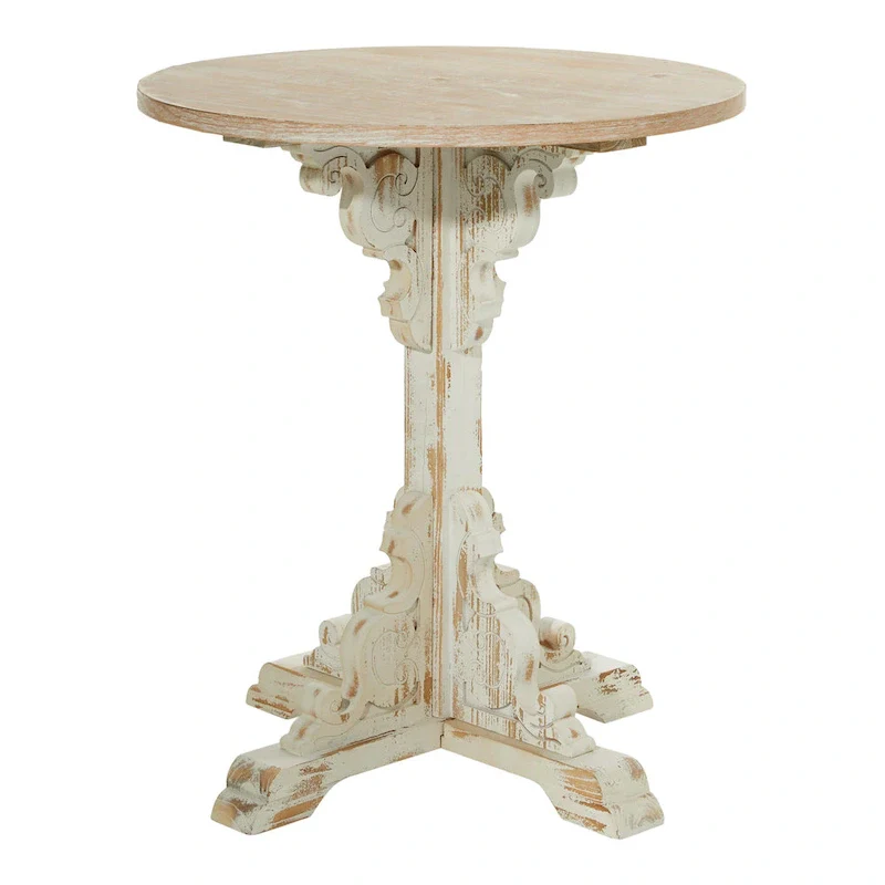 Wood Scroll Intricately Carved Accent End Table, Rustic Brown Gray Cream Side Table