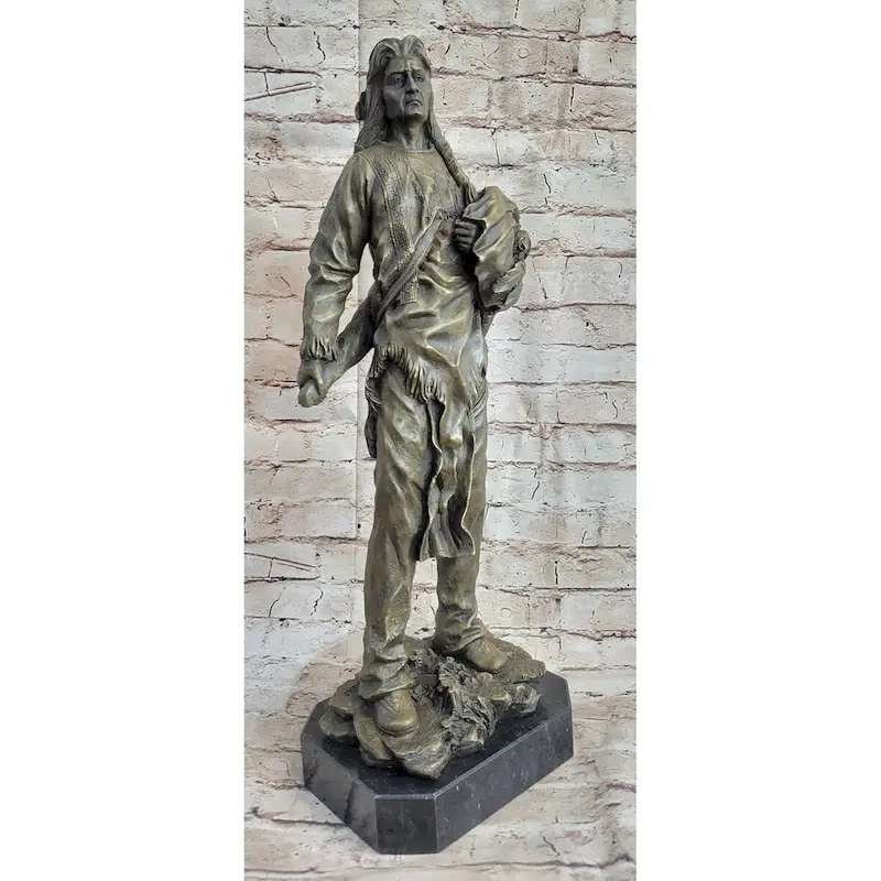 Indian Chief With Shield Gun Full Headdress Native American Bronze Statue 22 Inches