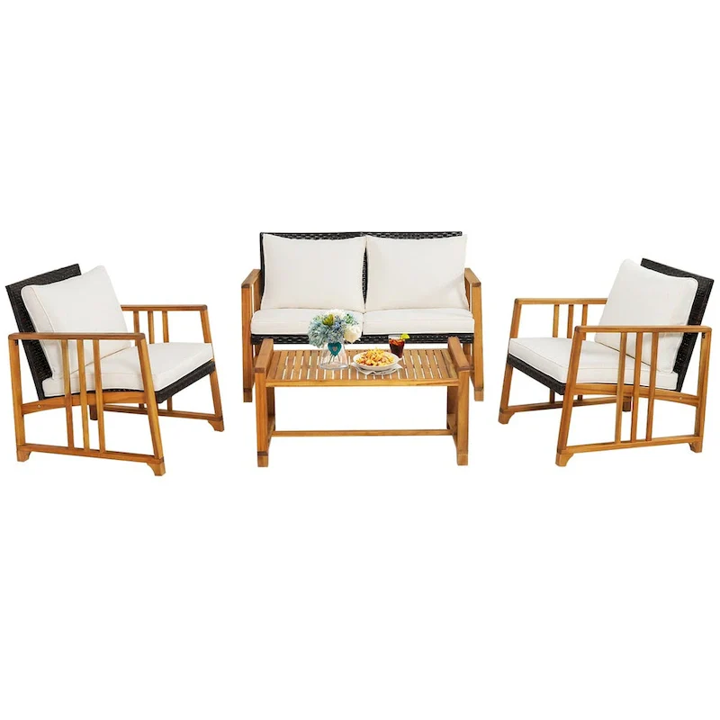 Costway 4PCS Patio Mix Brown Wicker Sofa Set Acacia Wood Frame with - See Details