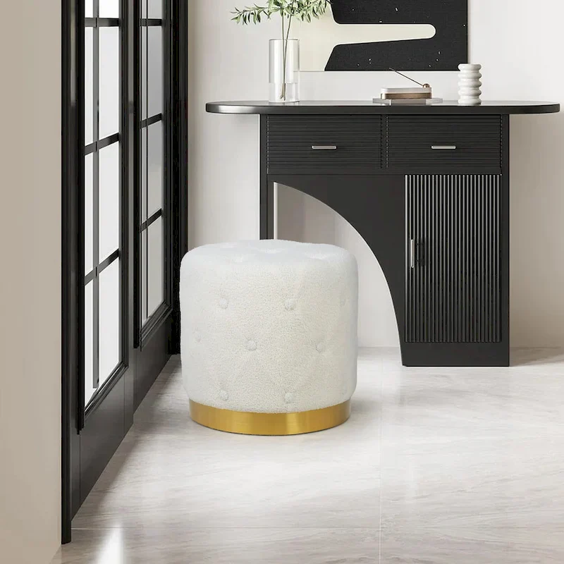 Adeco Round Velvet Ottoman Vanity Footrest Stool Gold Plating Base