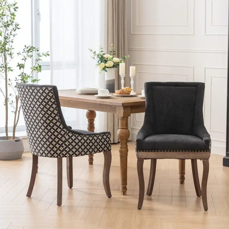 Thickened Fabric Dining Chair with solid wood legs, Set of 2