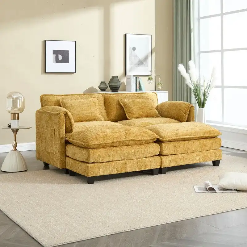 76.77 Chenille Upholstered Sofa with 2 Ottomans