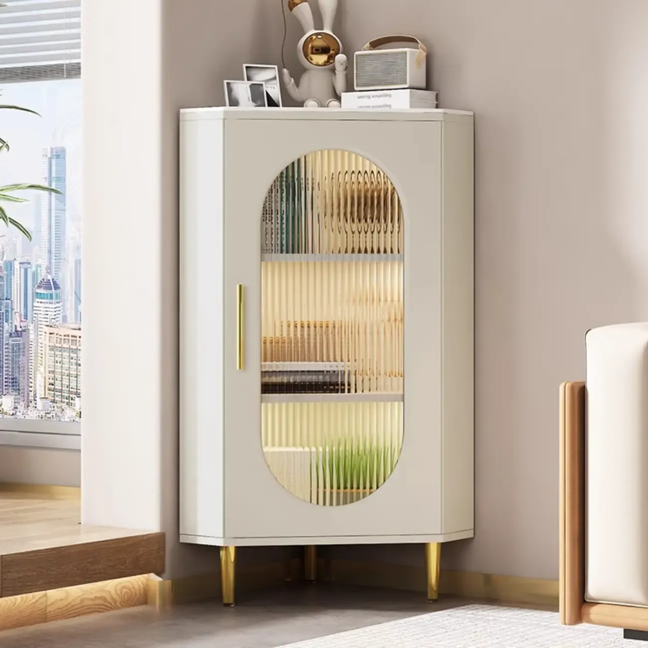 Freestanding Indoor Corner Cabinet with Glass Door and Light
