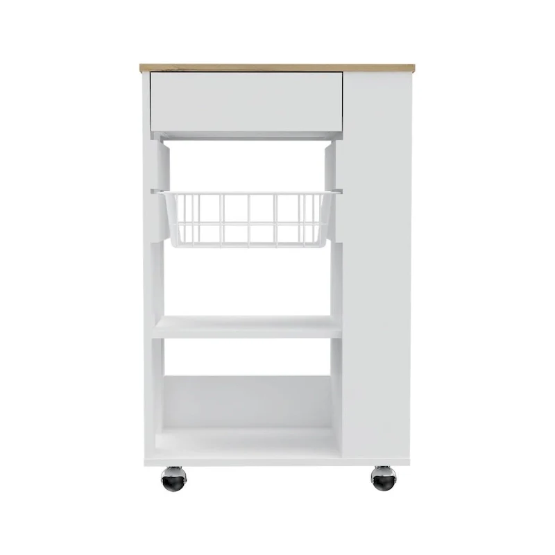 Kitchen Cart, One Drawer, Two Open Shelves, Four Casters -White / Light Oak