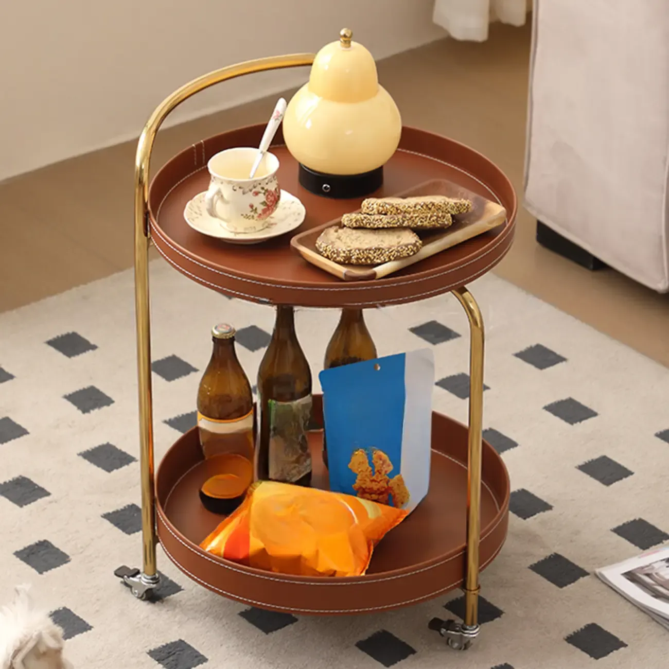 Mobile 2 Layers Brown Leather Metal Round Side Table