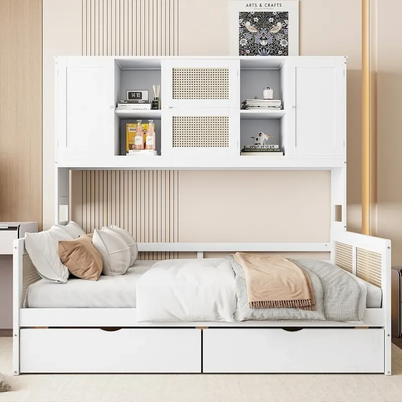 Wooden Daybed With 2 Drawers and All-in-One Cabinet and Shelf