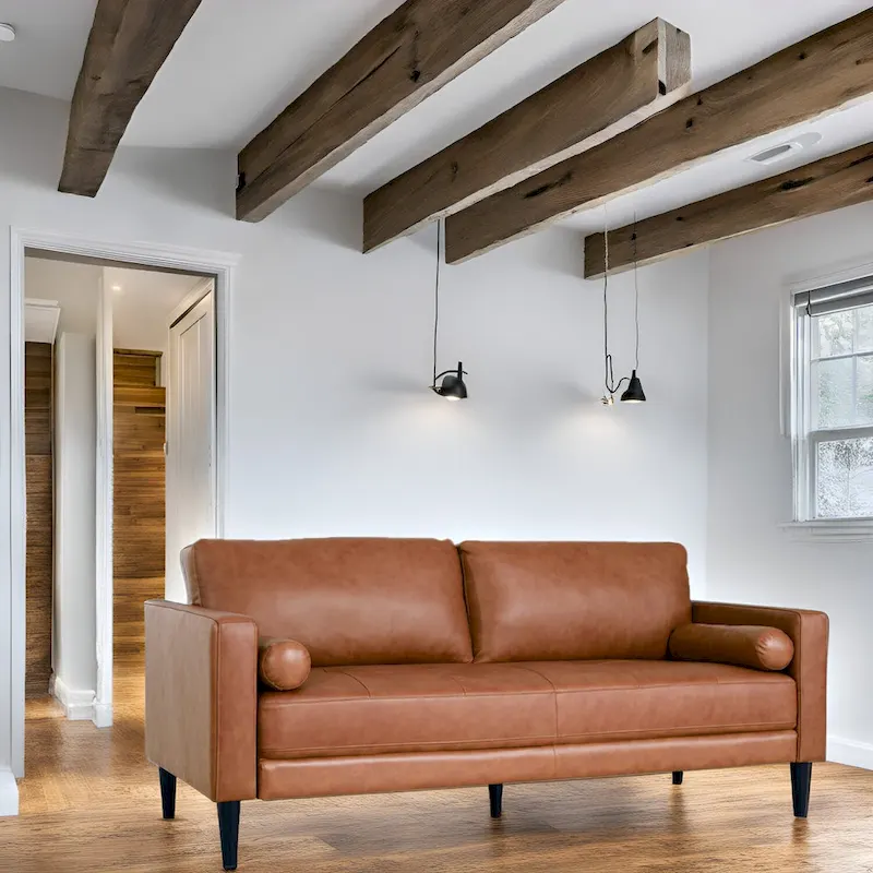 Modern Genuine Leather Sofa with Wooden Legs & Additional Bolster Pillow