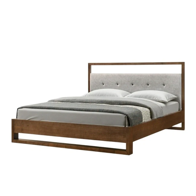 HomeRoots Brown and Gray Wood Tufted Upholstered King Bed Frame