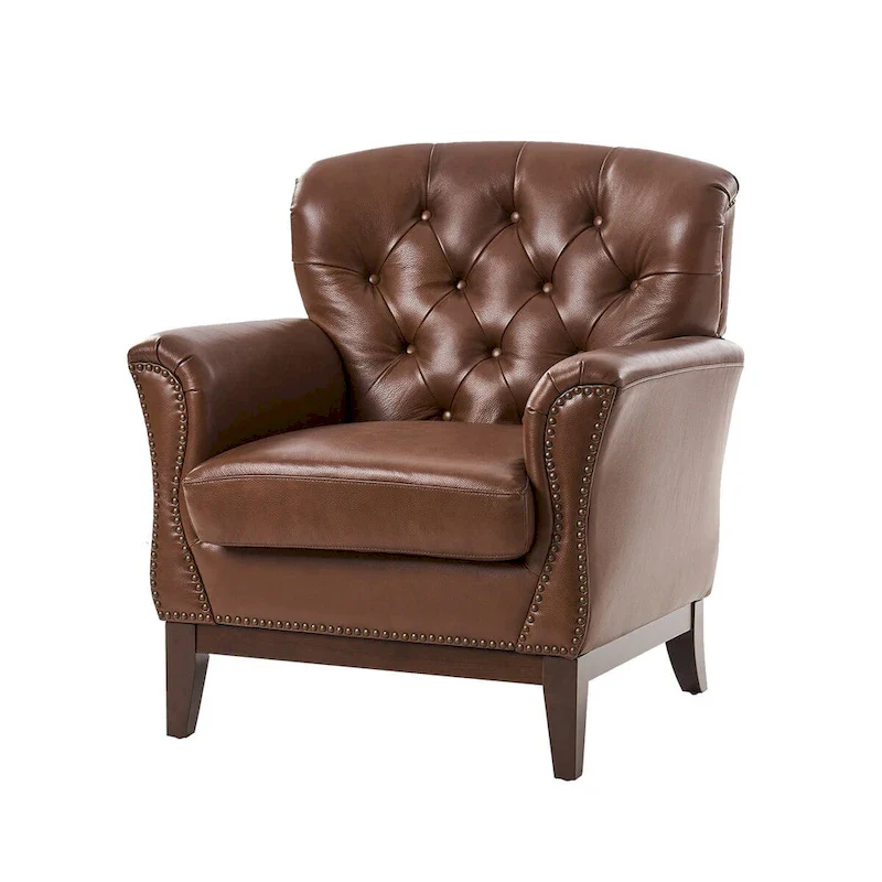 Traditional Genuine Leather Accent Chair with Tufted Wing Back