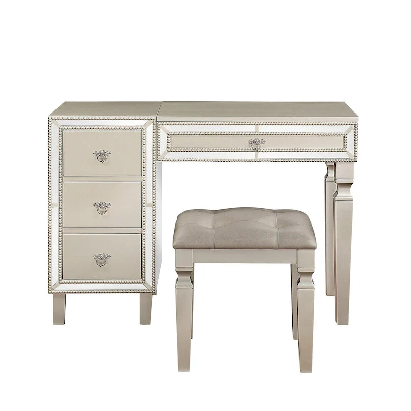 Fabric and Wood Vanity Set with Stool
