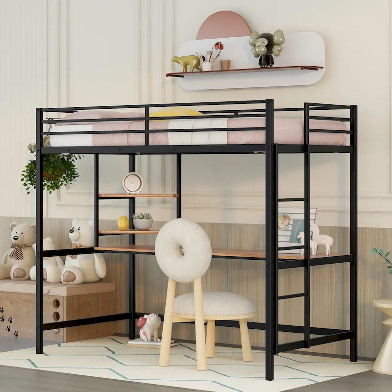 Black Twin Size Metal Loft Bed with Desk, Ladder, and Shelf for Kids