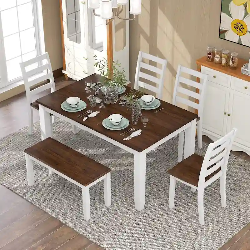 Rustic Style 6-Piece Dining Room Table Set with 4 Upholstered Chairs & a Bench