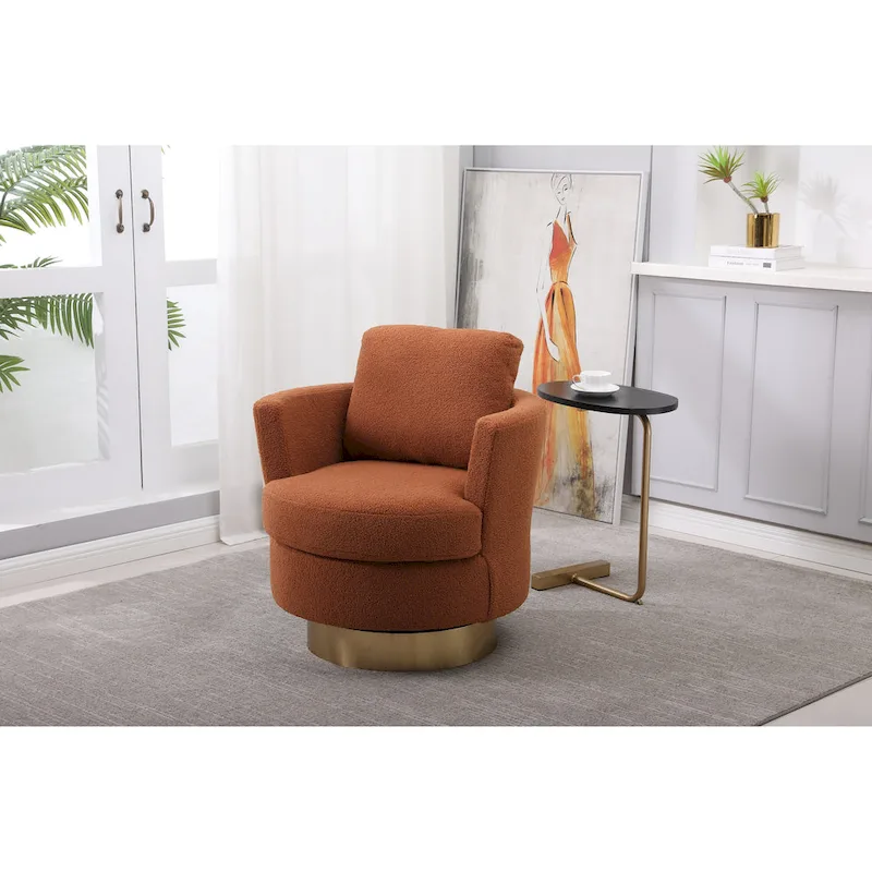 Brown Modern 29.6 Upholstered Swivel Barrel Chair with Gold Stainless Steel Base