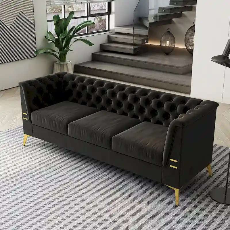 82 Velvet 3 Seater Chesterfield Sofa Couch with Gold Metal Legs, High Rebound Sponge and Removable Cushions