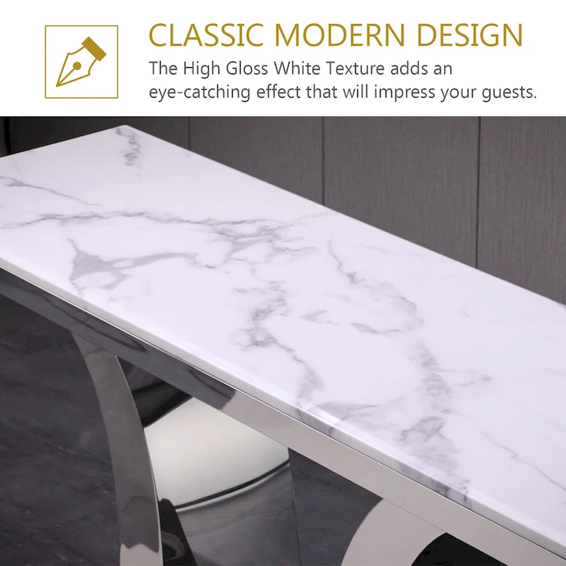 50 inch Luxury Console Table Rectangle Living Room White Sofa Entryway Table with Stainless Steel U Base