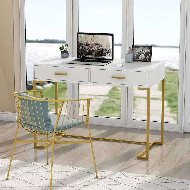 Small Desk with 2 Drawers, MDF Top & Gold Metal Frame, 39.37"W x 29.9"H, 220 lbs, White/Gold