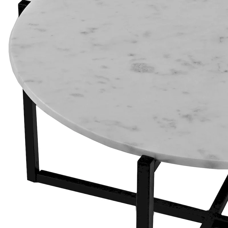 Ivy 30 Inch Marble Top Round Coffee Table with Metal Frame, White and Black