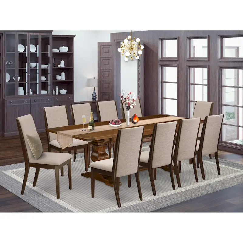East West Furniture 11 Piece Dining Table Set- a Wooden Table and 10 Linen Fabric Upholstered Chairs(Finish Options)