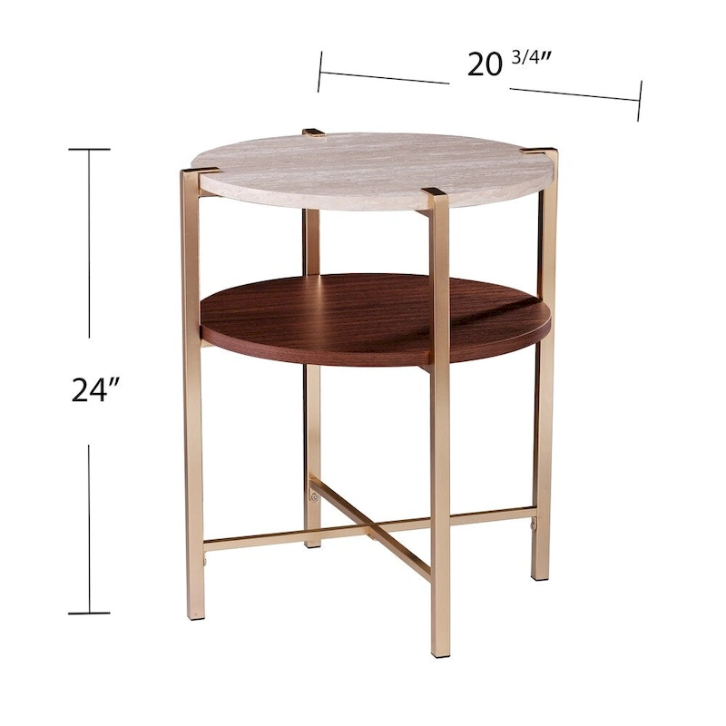 SEI Furniture Aldea Modern Round Side Table with Faux Marble Top and Faux Wood Shelf