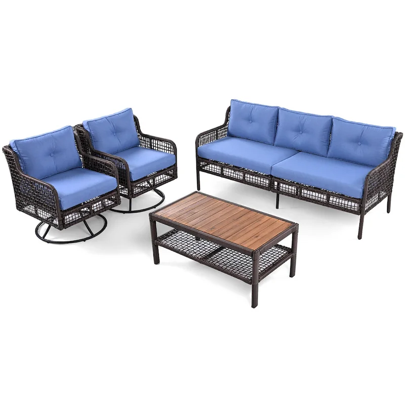 4-Piece Rattan Conversation Sofa Set with Swivel Chairs & Table